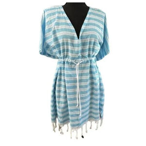 Women's BUJI BABA Blue & White Striped One Size Swim Cover Up Poncho